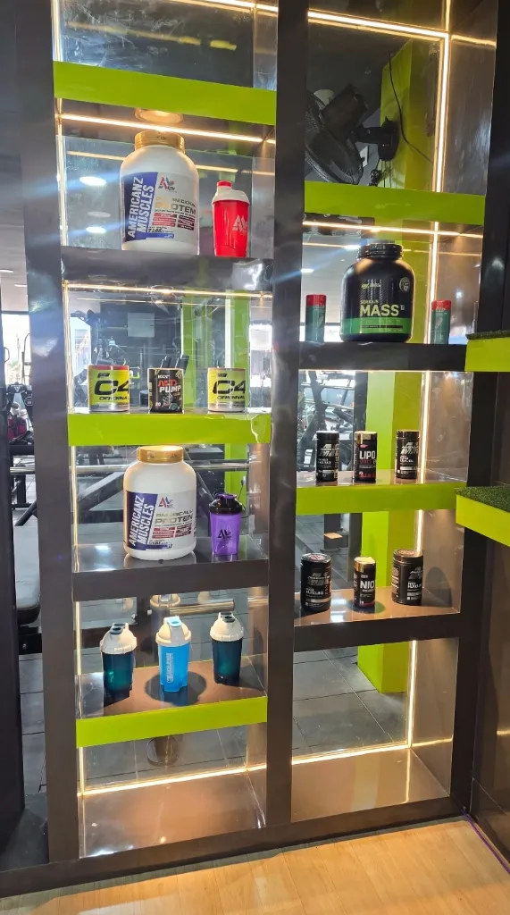 Supplement rack with verified protein and nutrition products
